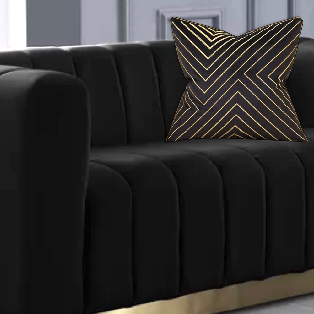 Luxury Home | Modern Soft Black Velvet & Gold Geo Embroidered Throw Pillow Cover